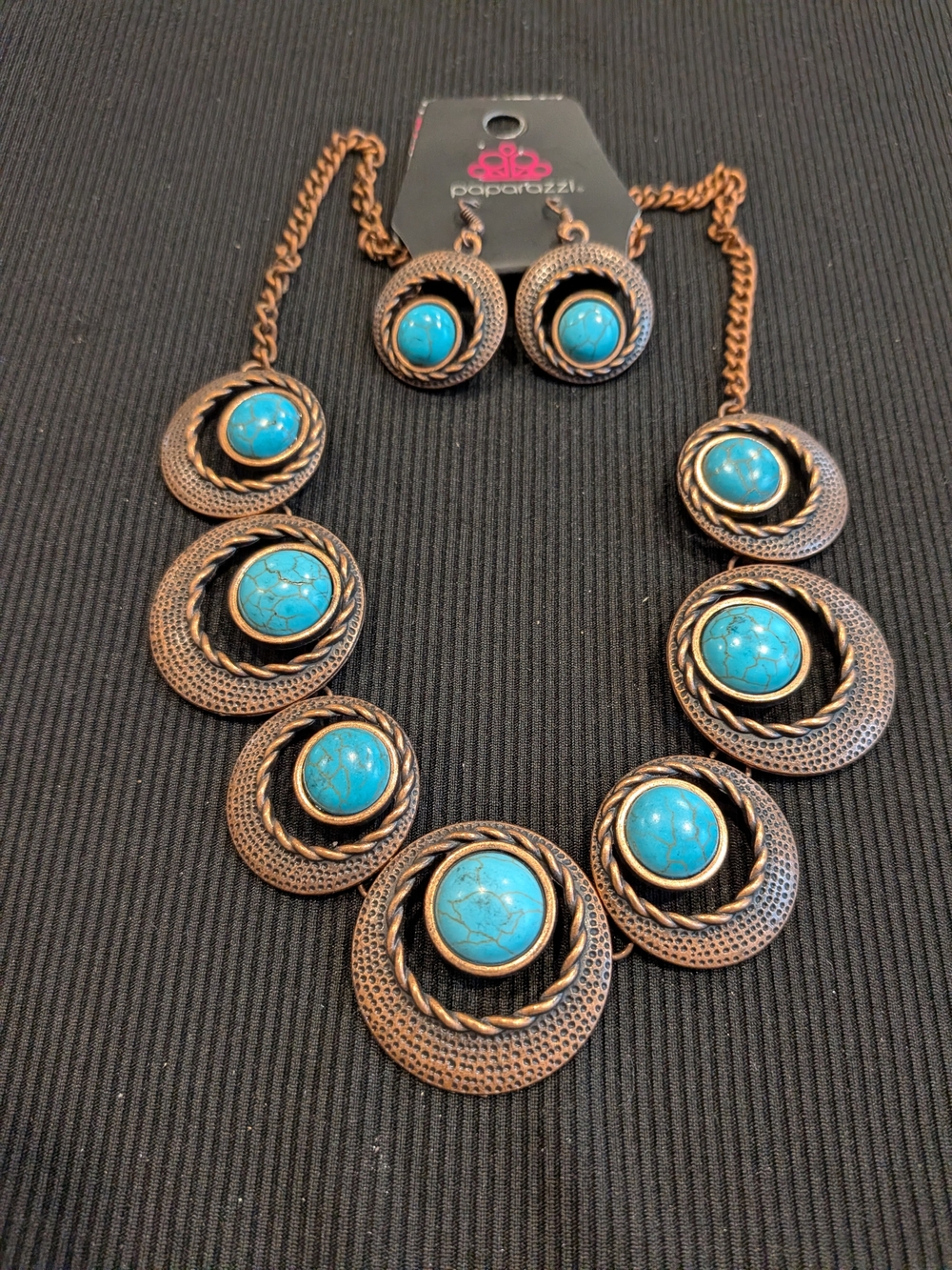 Paparazzi Faux Turquoise and Bronze Medallion Necklace 9.5"  & Earring Set